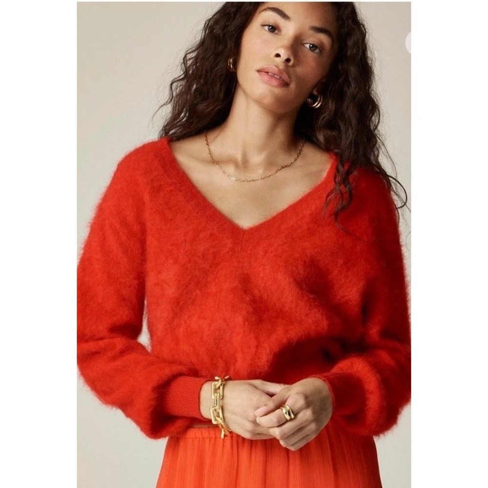 J.Crew Brushed Cashmere Fuzzy V-Neck Sweater Small Bright Red
